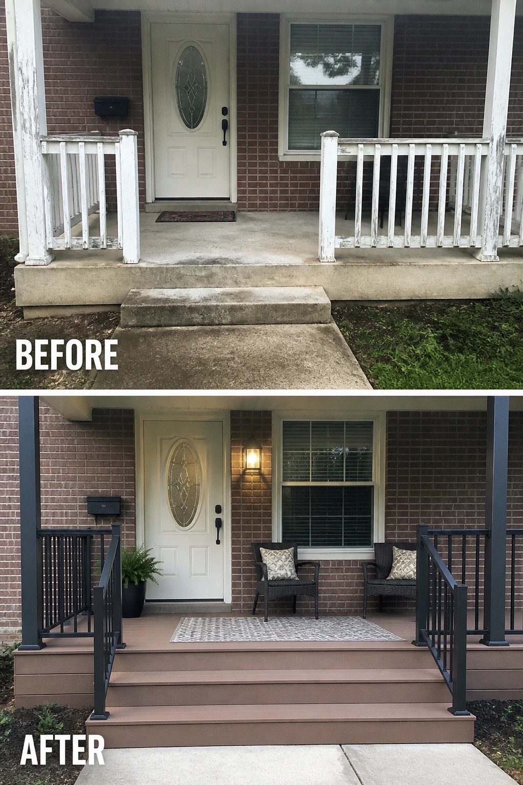 Before-and-after image of a dated front porch updated with new decking, dark railings, seating chairs, and a rug.