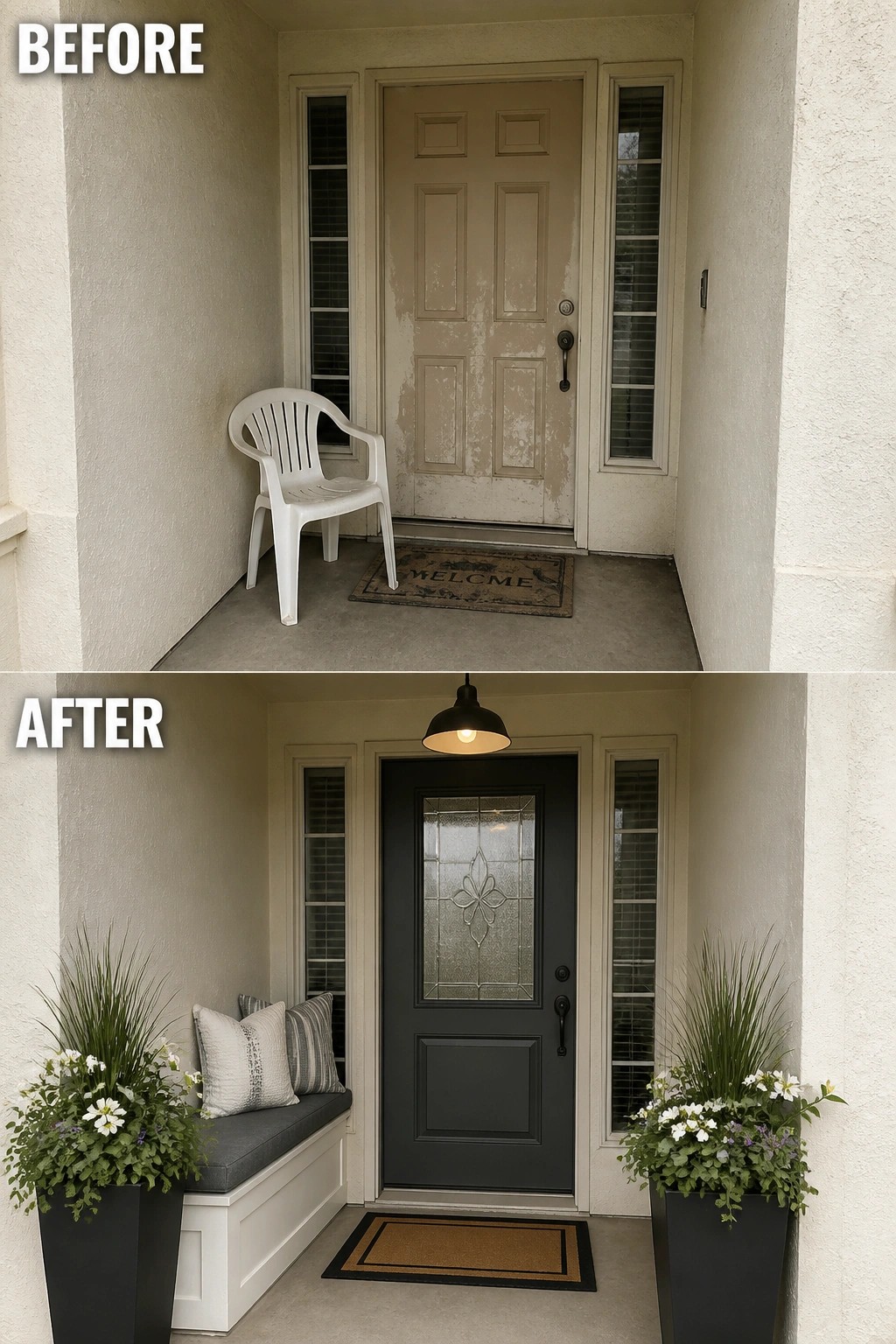 Before-and-after image of a plain front porch changed into a functional entry with a built-in bench, cushions, and flanking planters.