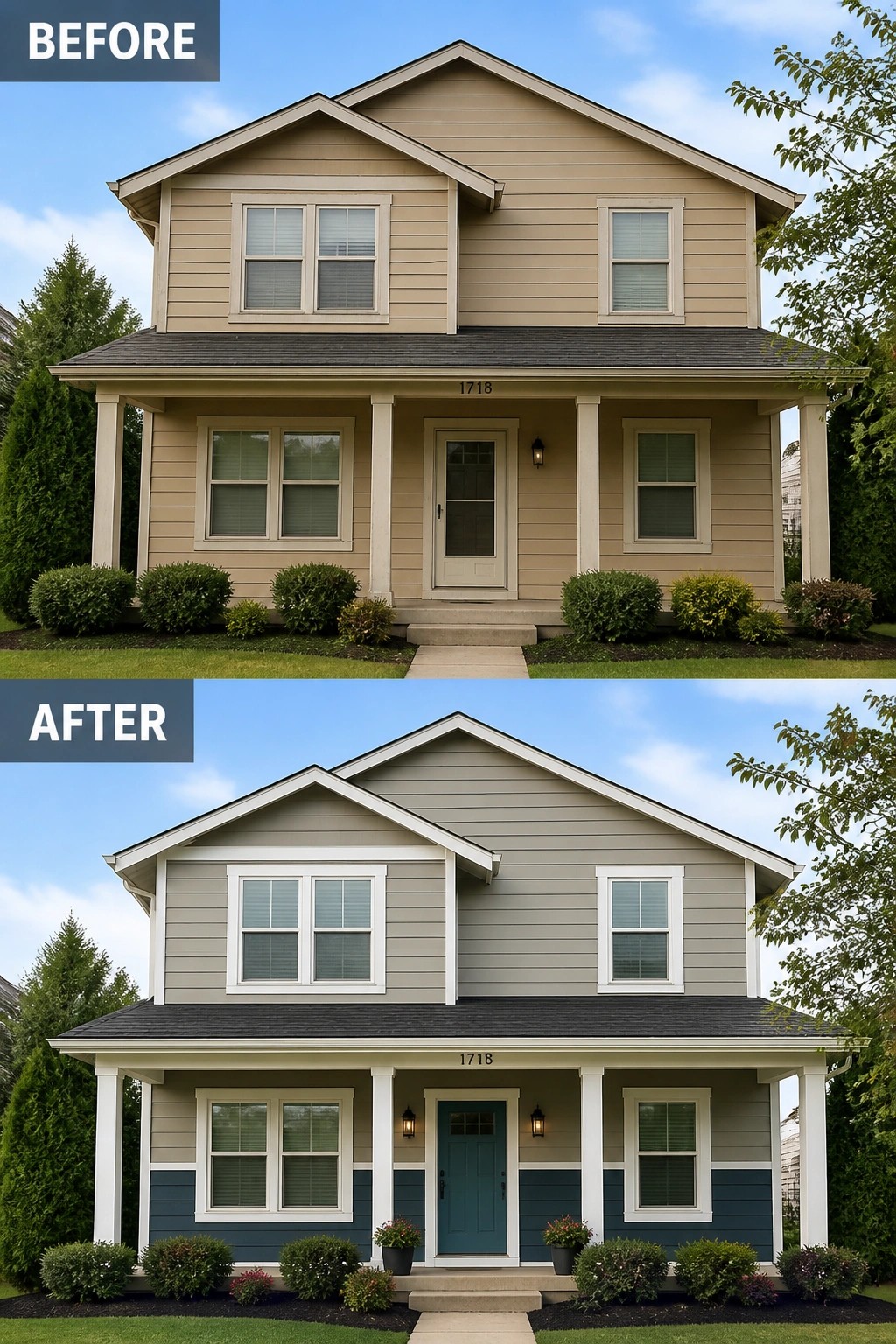 Before-and-after image of a two-story suburban house showing beige siding changed to gray with white trim, blue lower siding, and a teal front door.