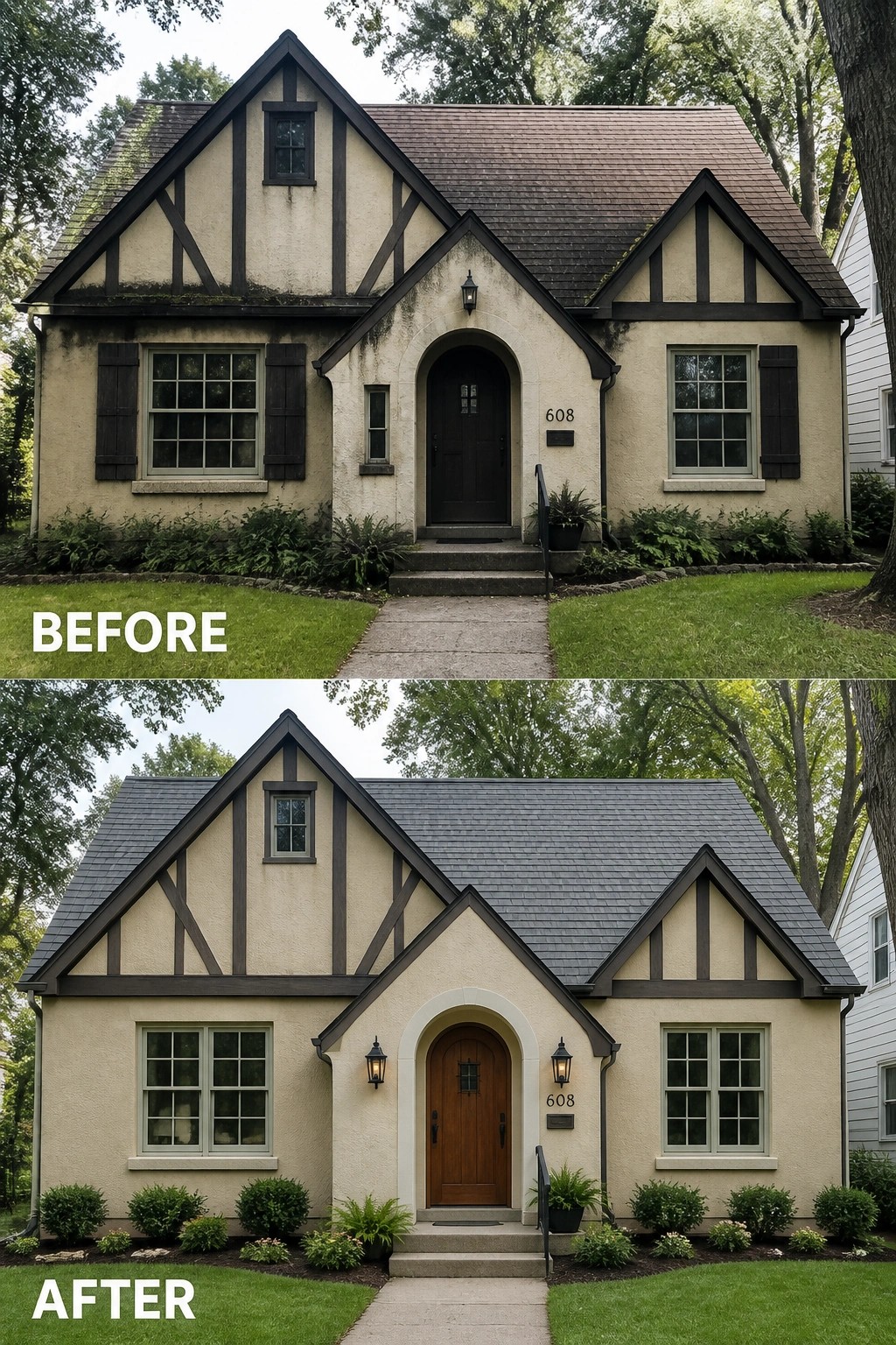 Before and after views of renovated Tudor house with new roof, door, and landscaping