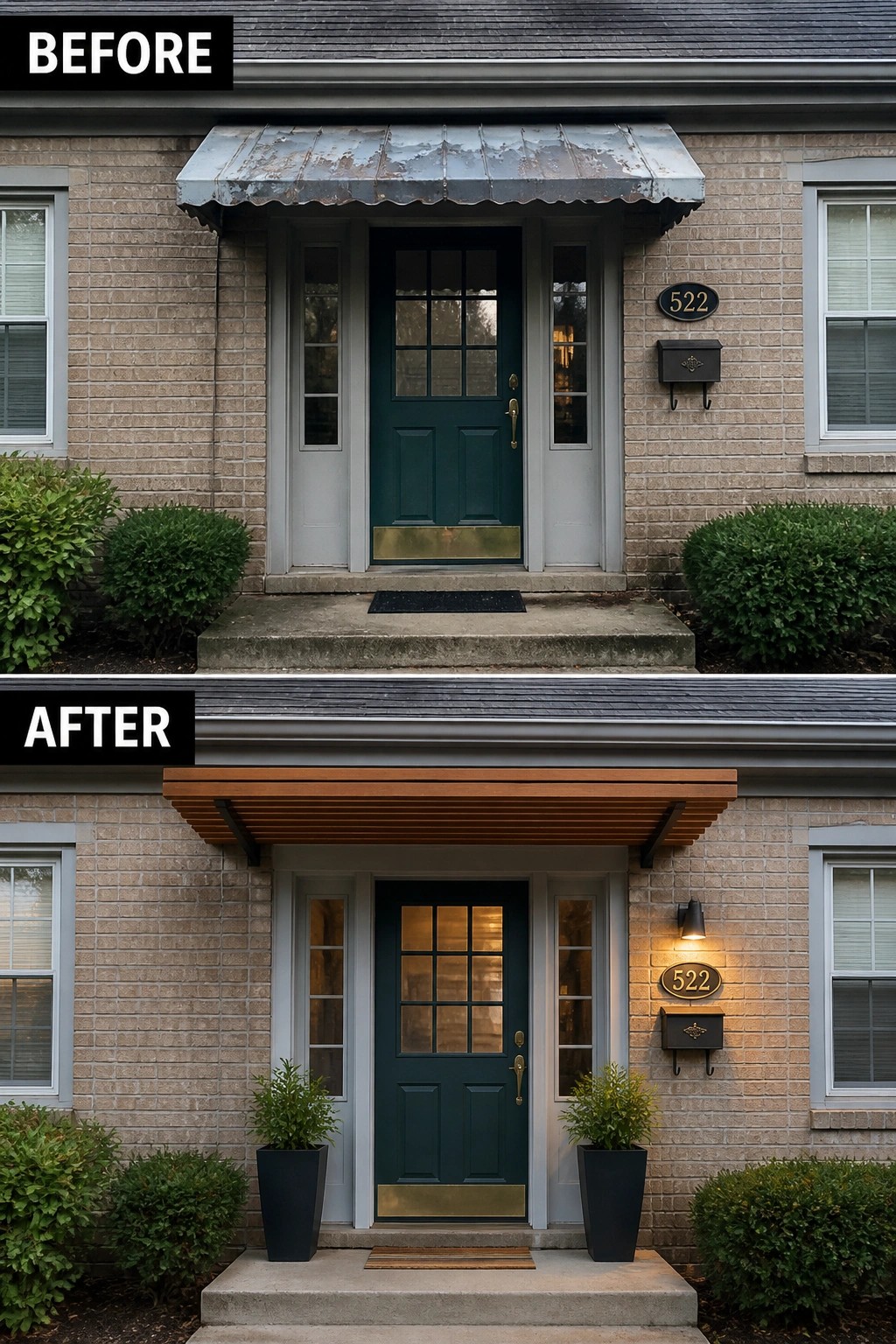 Before-and-after image of a house entrance showing a rusty metal awning replaced by a modern wooden overhang, with added planters and a wall light.