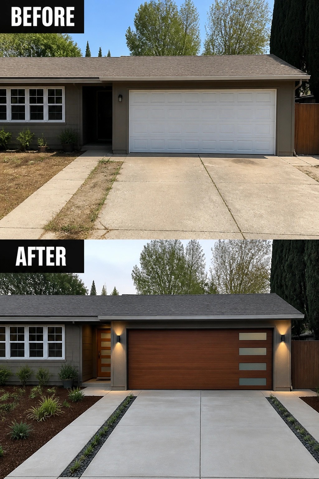 Before-and-after image of a suburban house showing a plain white garage door replaced with a modern wood-tone door, a new front door, and added exterior lighting.