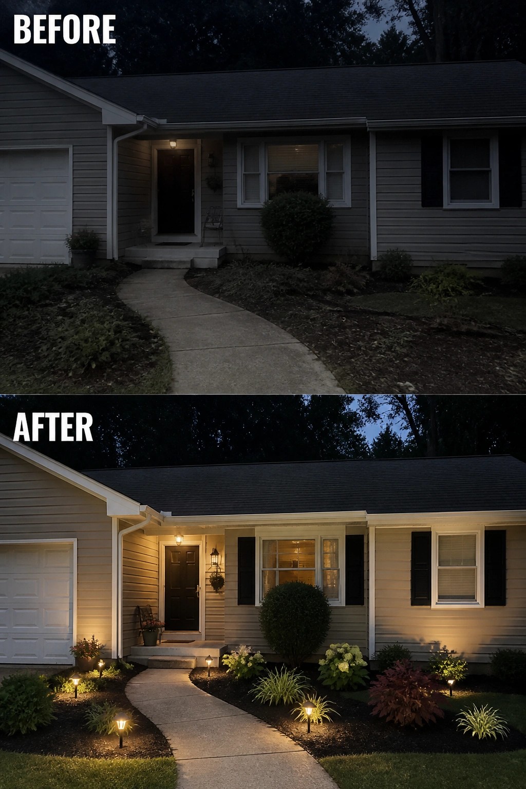 Before and after of house with added landscape lighting and garden upgrades.