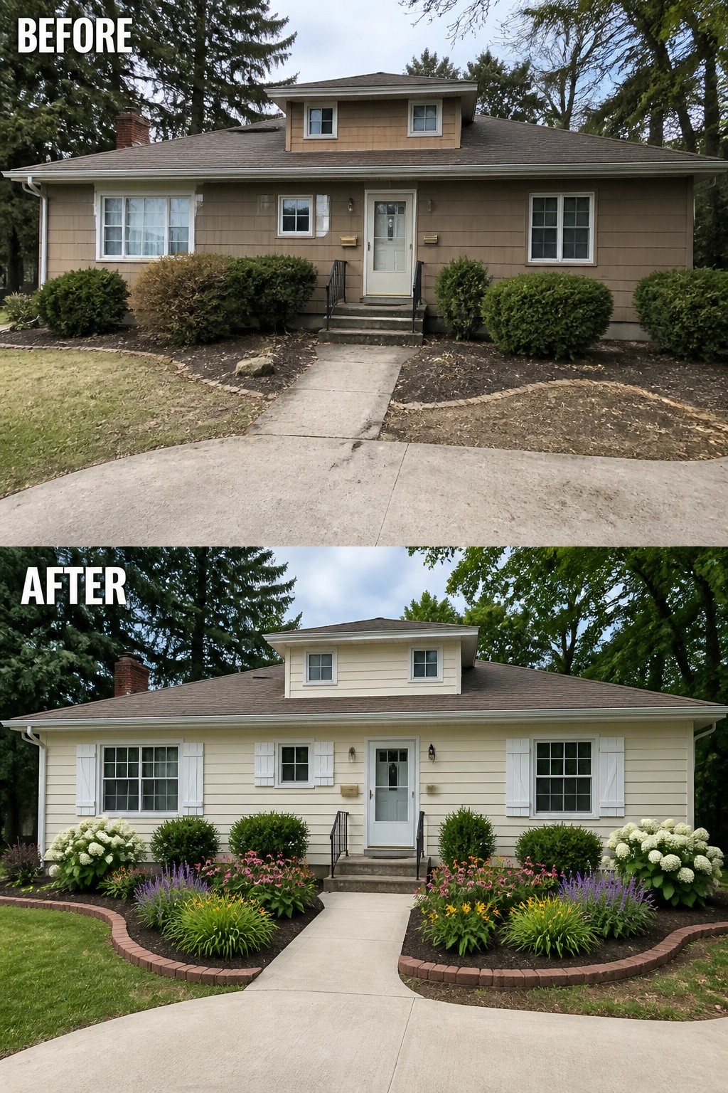 Before-and-after image of a house exterior changed from brown siding with no shutters to light cream siding with white shutters and new garden beds.