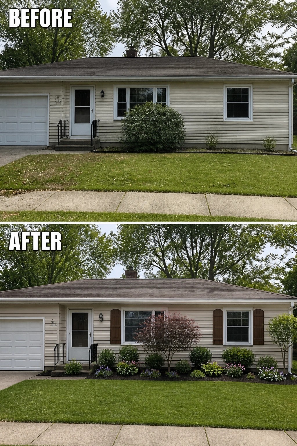 Before and after views of a house with new landscaping, plants, and shutters.