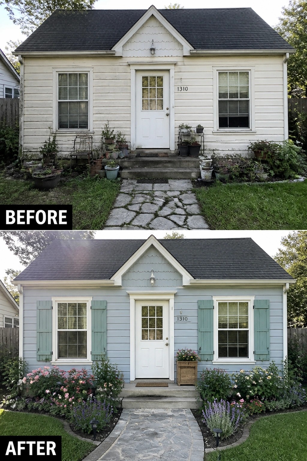 Before-and-after image of a small house exterior updated with new siding color, added green shutters, and refreshed landscaping around the front path.