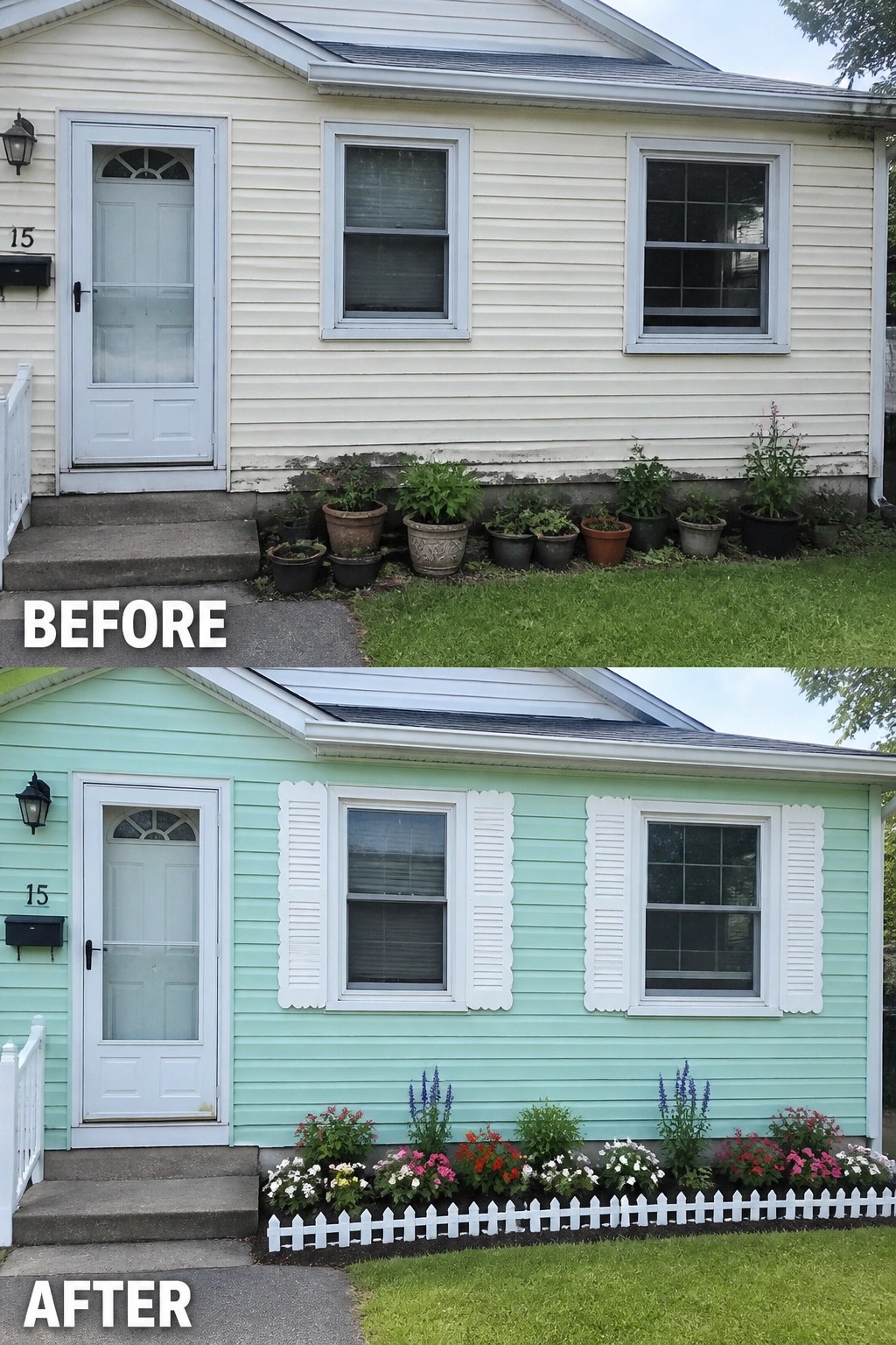 Before-and-after image of a house exterior updated with new siding color, added shutters, and a defined flower bed.