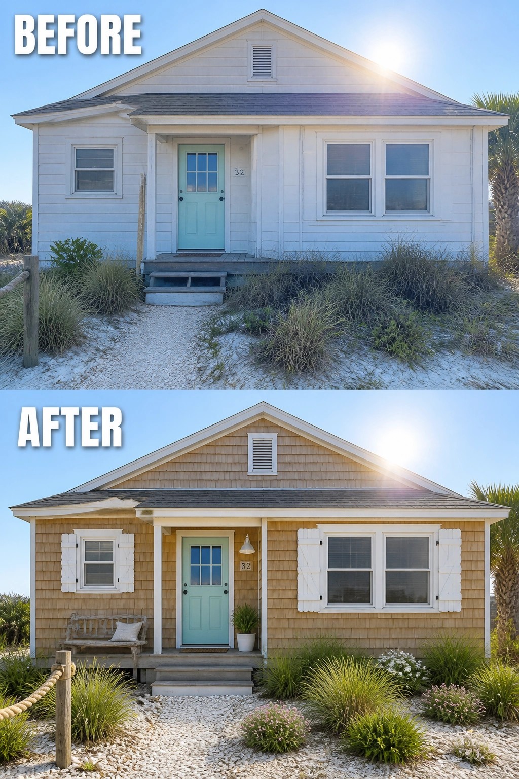 Before and after beach house renovation with new siding, shutters, and landscaping