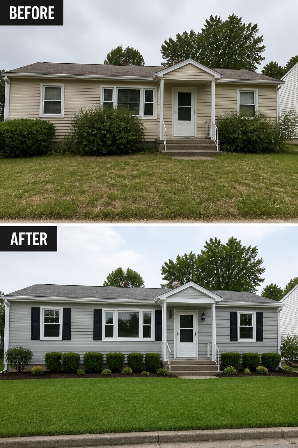 Before and after house exterior with new gray siding, black shutters, and landscaping.