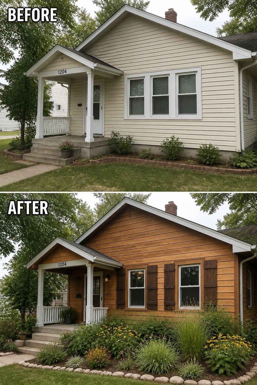 Before-and-after image of a house exterior with new wood siding, added shutters, and updated landscaping.