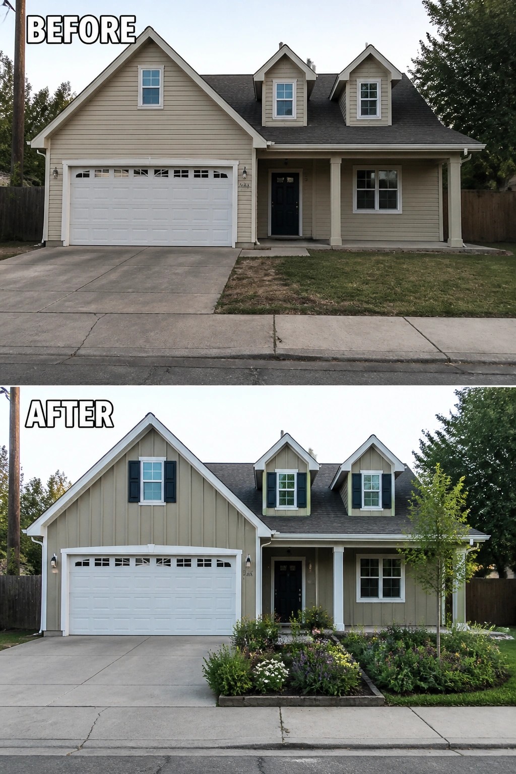 Before-and-after image of a house exterior updated with new dark shutters, white trim details, and added front garden beds.