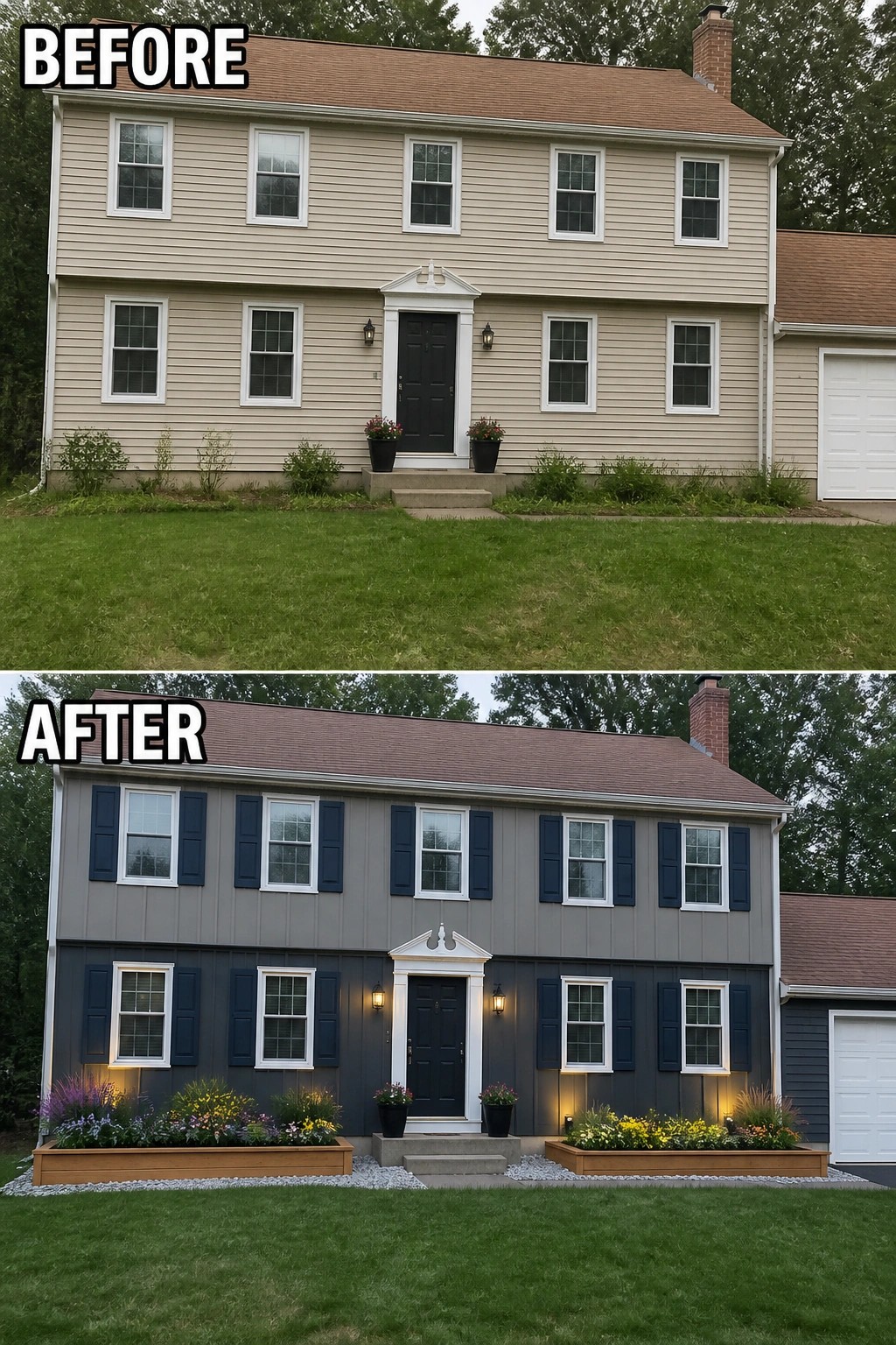 Before and after house exterior with gray siding, blue shutters, and new planters.