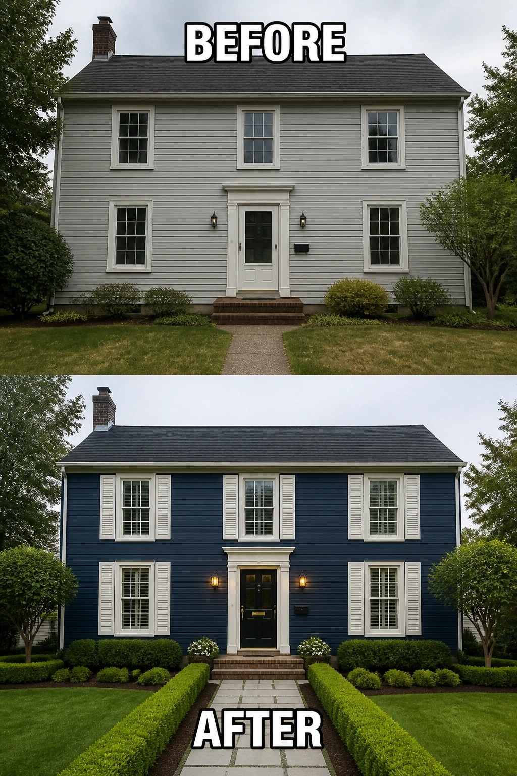 Two-story house exterior before and after: gray siding to navy blue with shutters and landscaping