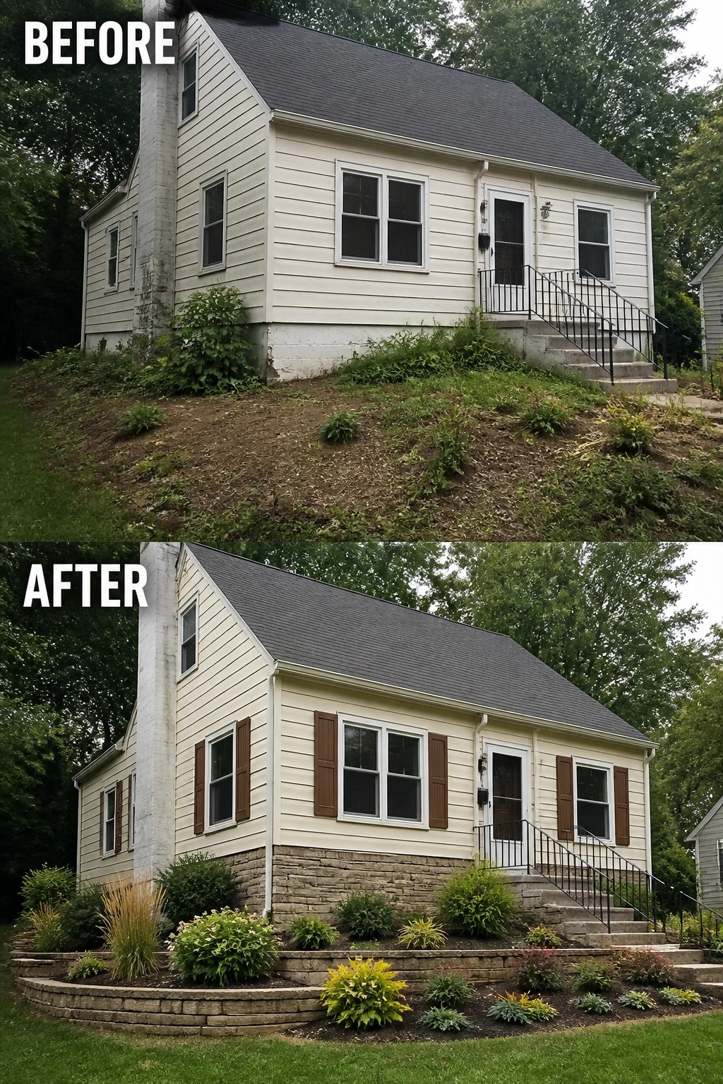 Before-and-after image of a house exterior updated with brown shutters, a stone foundation veneer, and structured landscaping beds.