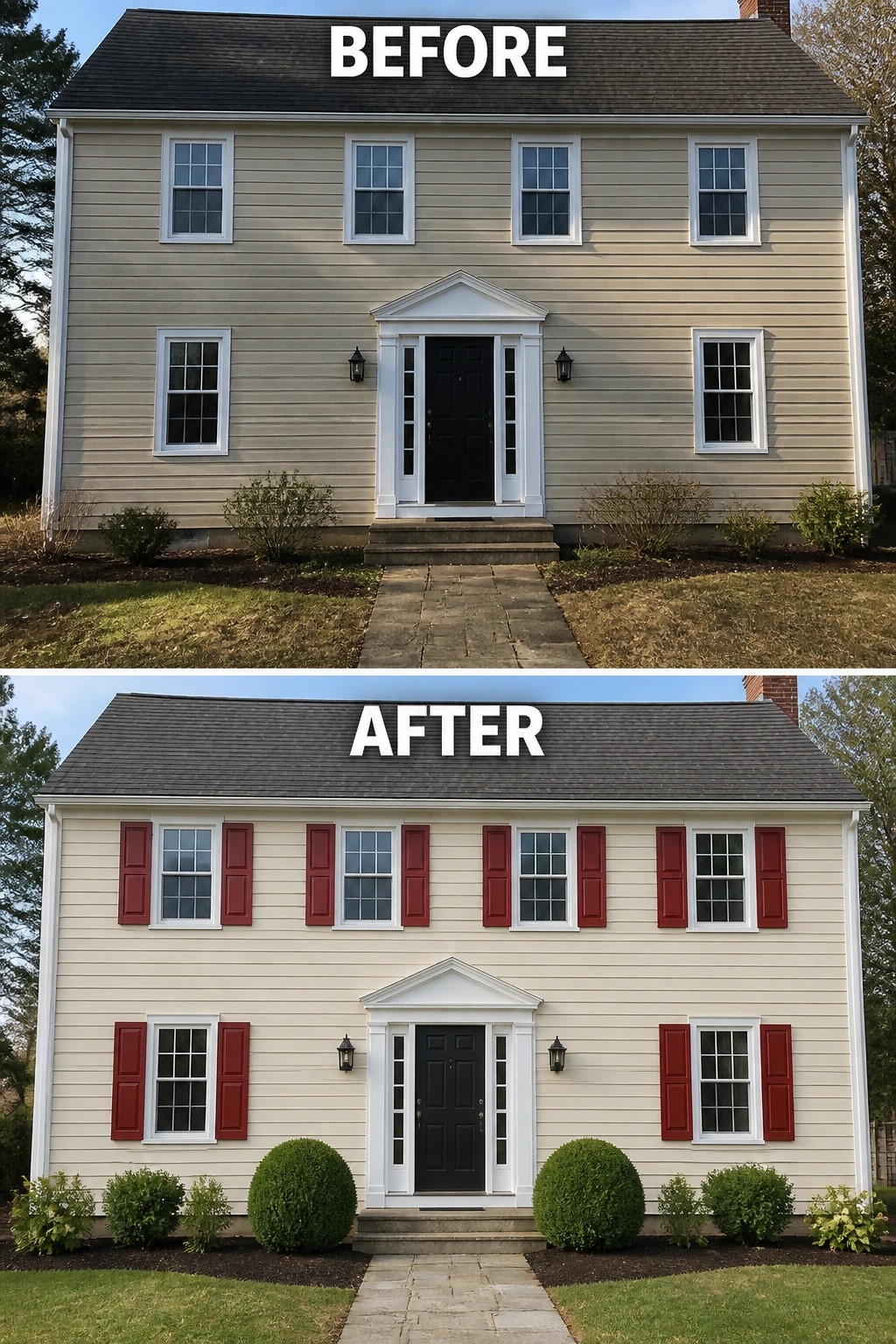 Before and after of two-story house with new white siding and red shutters added