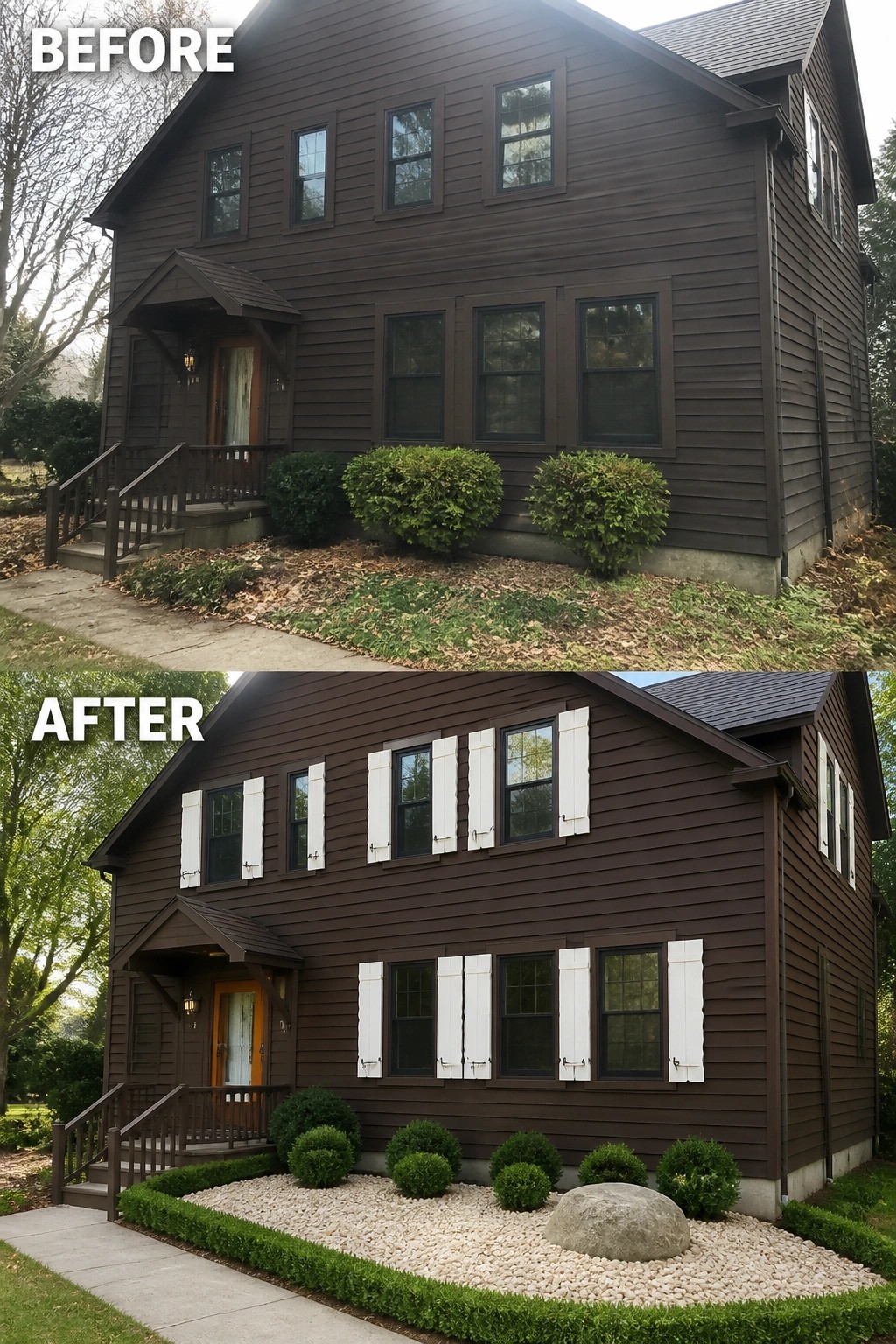 Before-and-after image of a dark brown house exterior showing white shutters added to multiple windows.