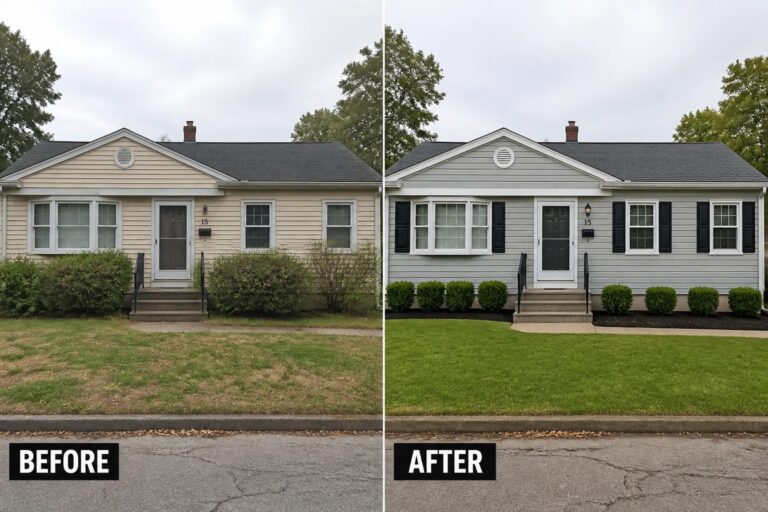 Before and after house exterior with new gray siding, black shutters, and landscaping.