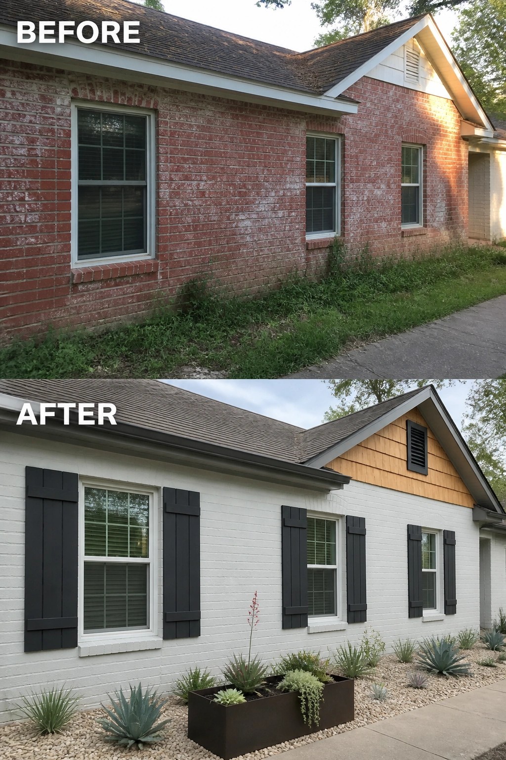 Before-and-after image of a brick house exterior updated with white paint, black shutters, and refreshed landscaping.