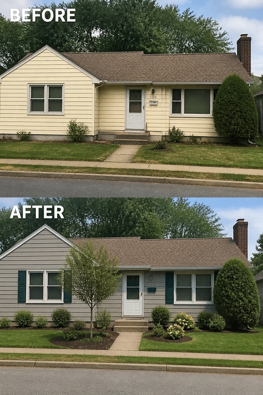 Before-and-after image of a house exterior updated with gray siding, green shutters, and refreshed landscaping.