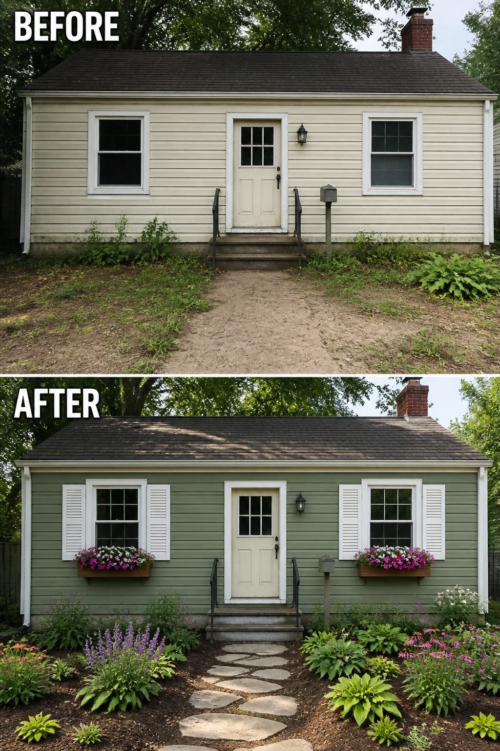 Before and after of beige house repainted green with shutters, flowers, and stone path.