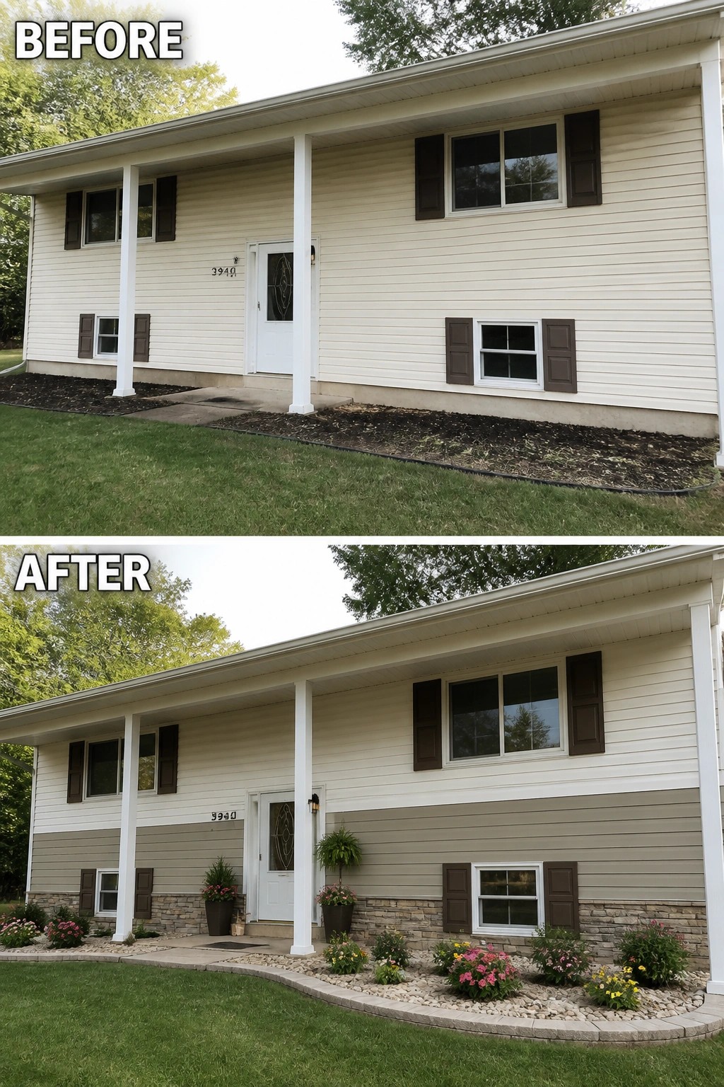 Before and after house exterior with new siding, stone, and landscaping.