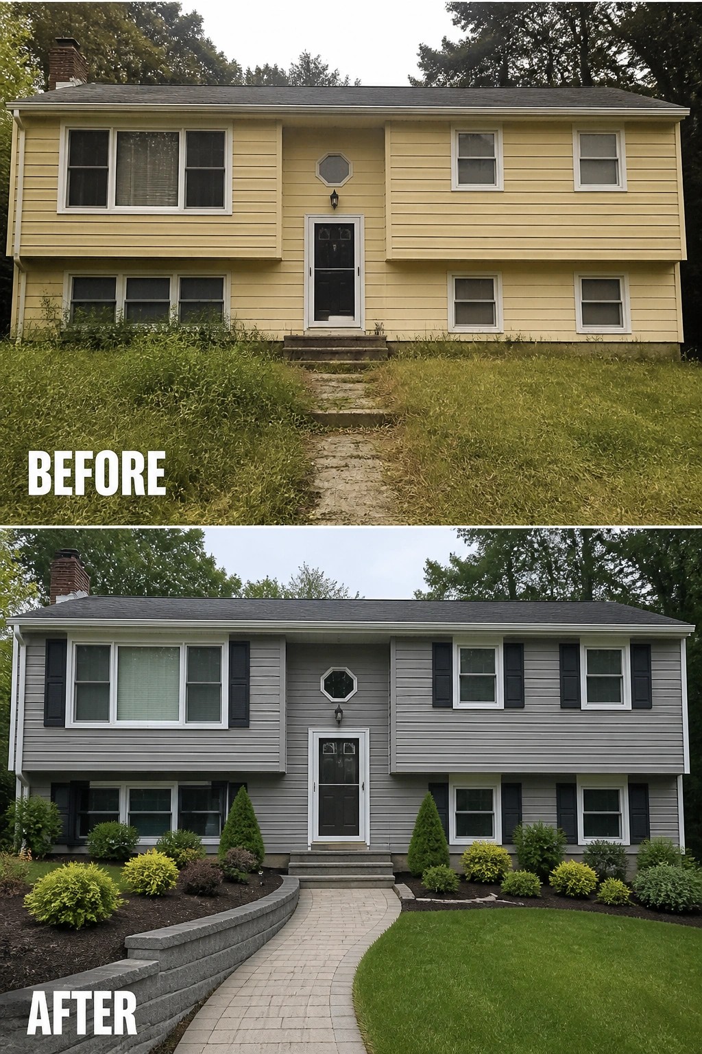 Before-and-after image of a house exterior changed from yellow siding with no shutters to gray siding with black shutters, plus a new paved walkway and added landscaping.