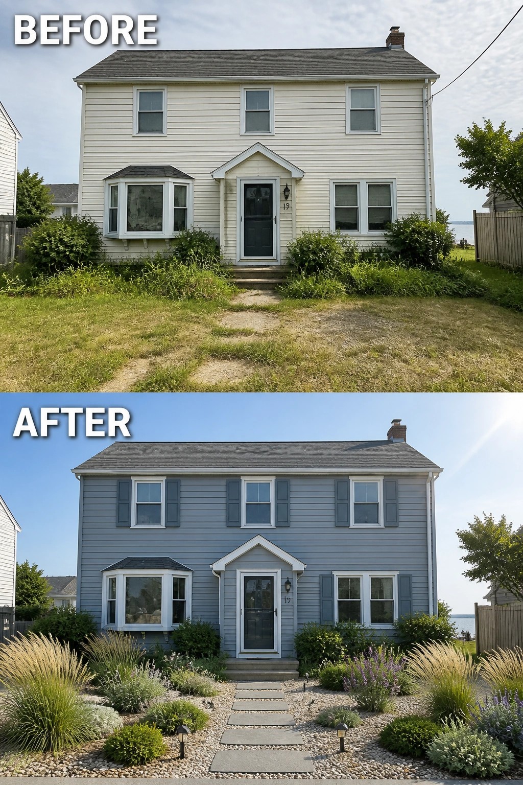 Before and after house exterior with new gray siding and landscaped yard