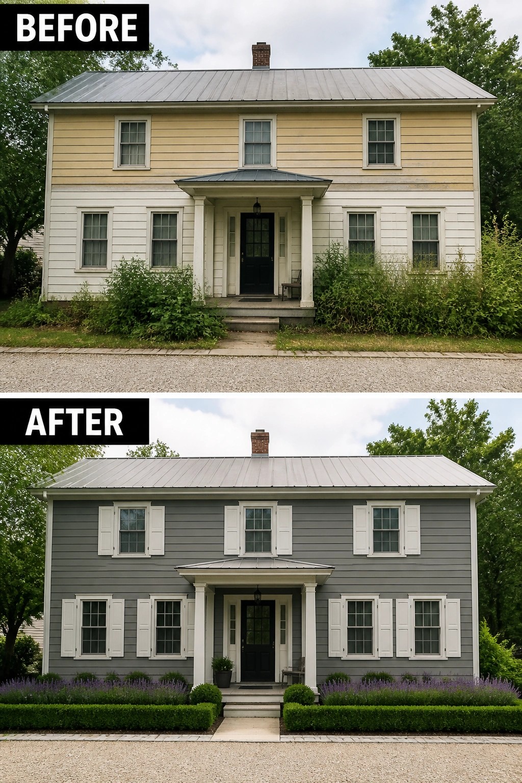 Before and after views of a two-story house repainted gray with added shutters and landscaping.