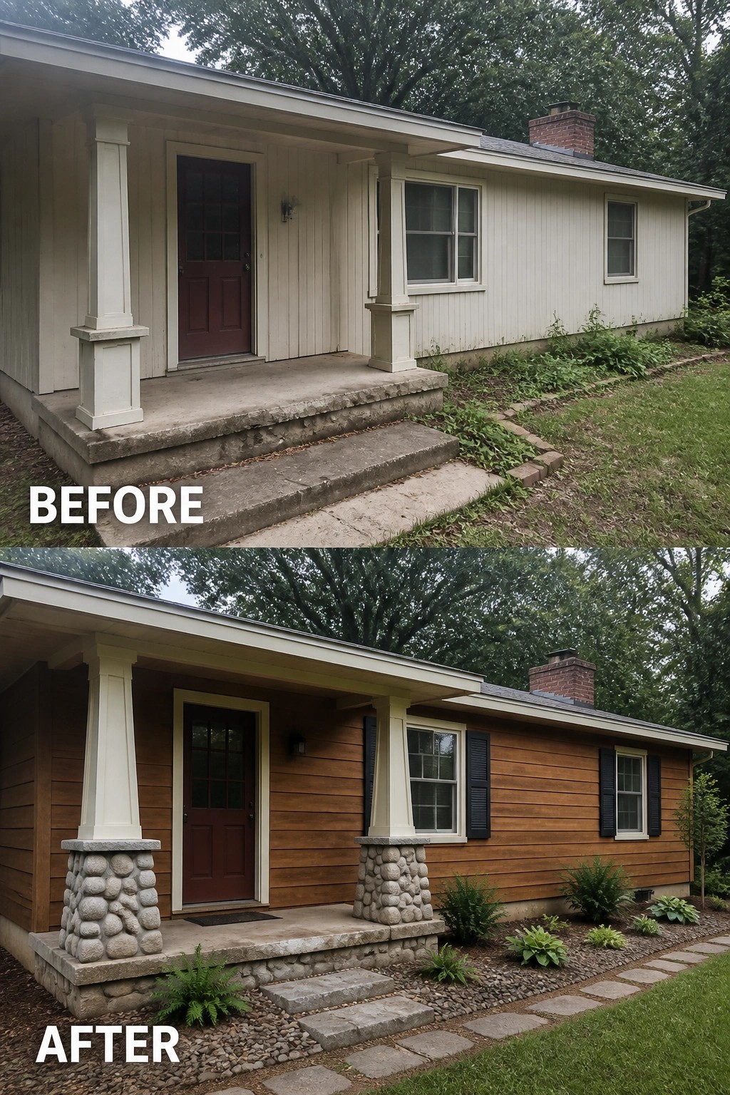Before and after house exterior remodel with brown siding and stone pillars.
