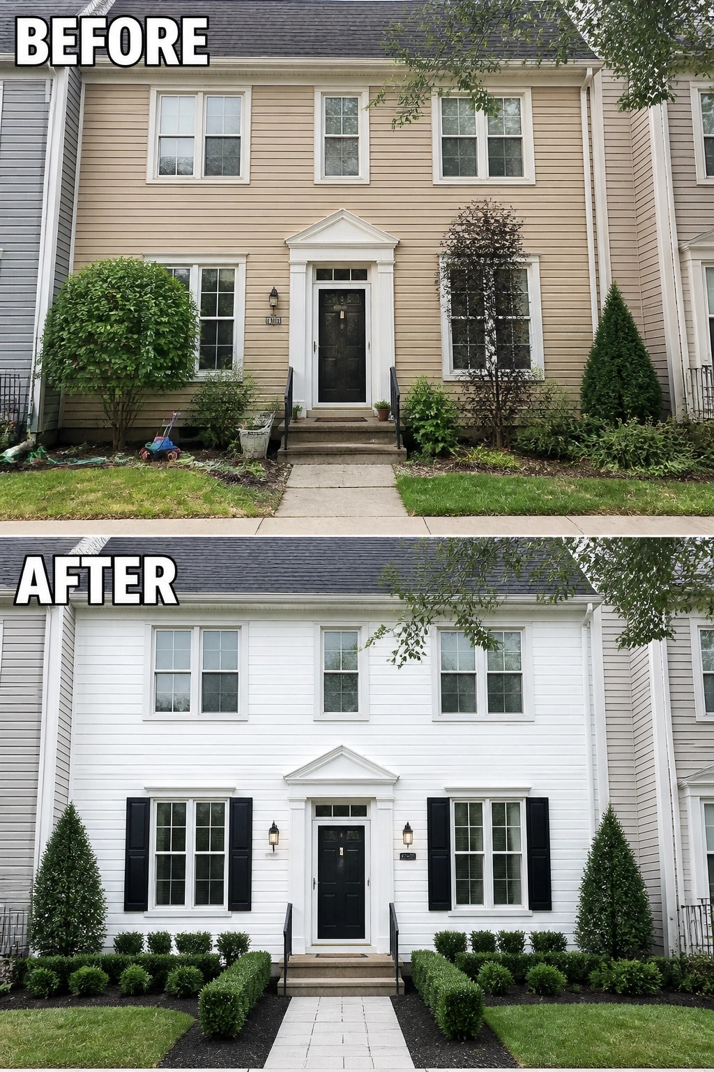 Before-and-after image of a house exterior changed from beige siding to white siding with added black shutters and cleaned-up landscaping.