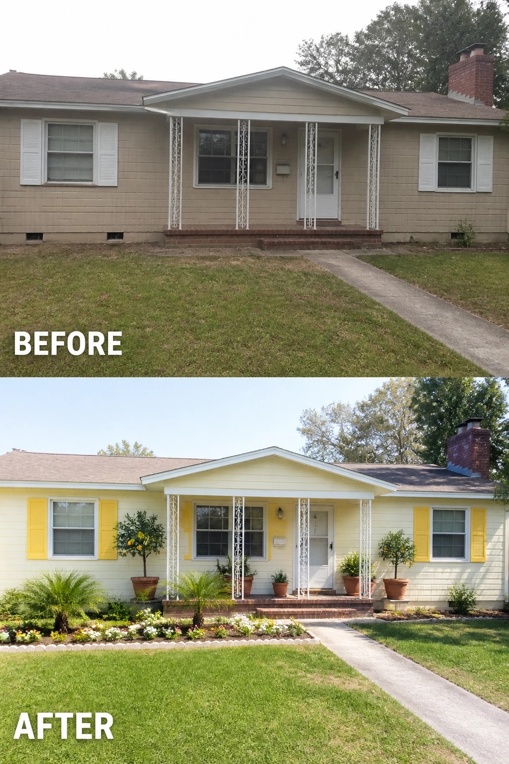 Before and after of beige house repainted yellow with new landscaping and plants.