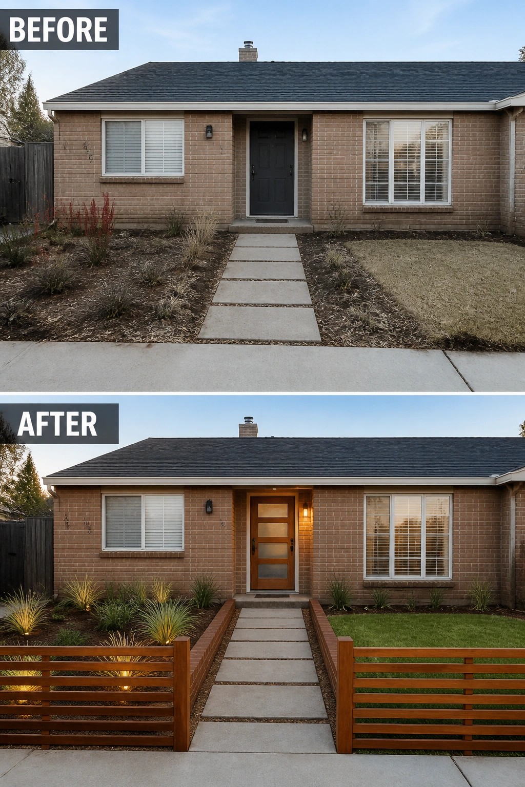 Before-and-after views of brick house with new door, landscaping, and wooden fence.
