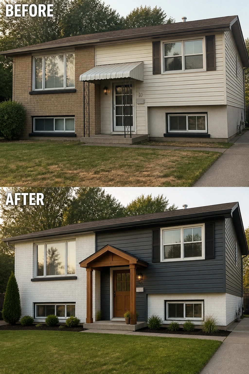 Before-and-after house exterior with new siding, porch, and landscaping.