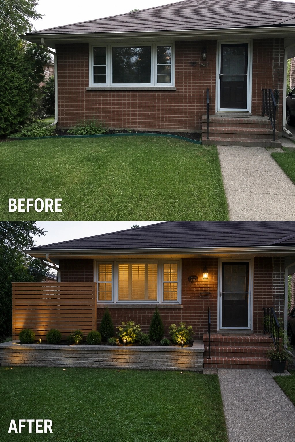 Before-and-after image of a brick house front showing a flat lawn changed into a raised stone planter with a wood slat screen, layered plants, and pathway lighting.