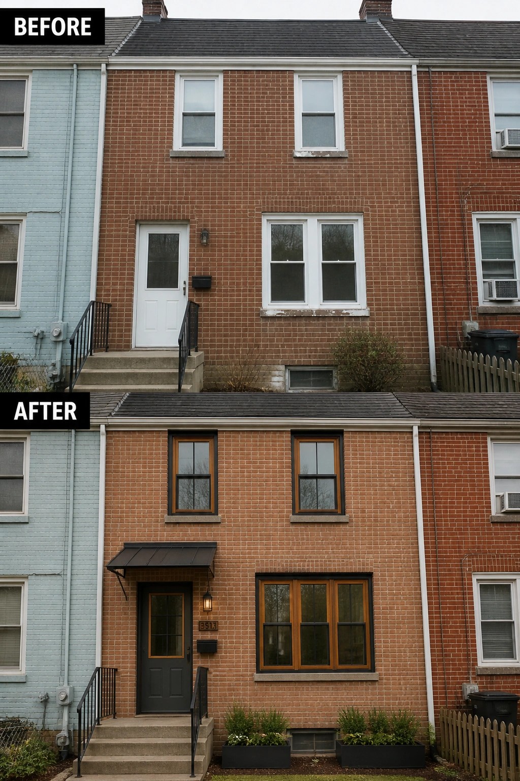Before and after views of renovated brick townhouse with new door, windows, and plants.