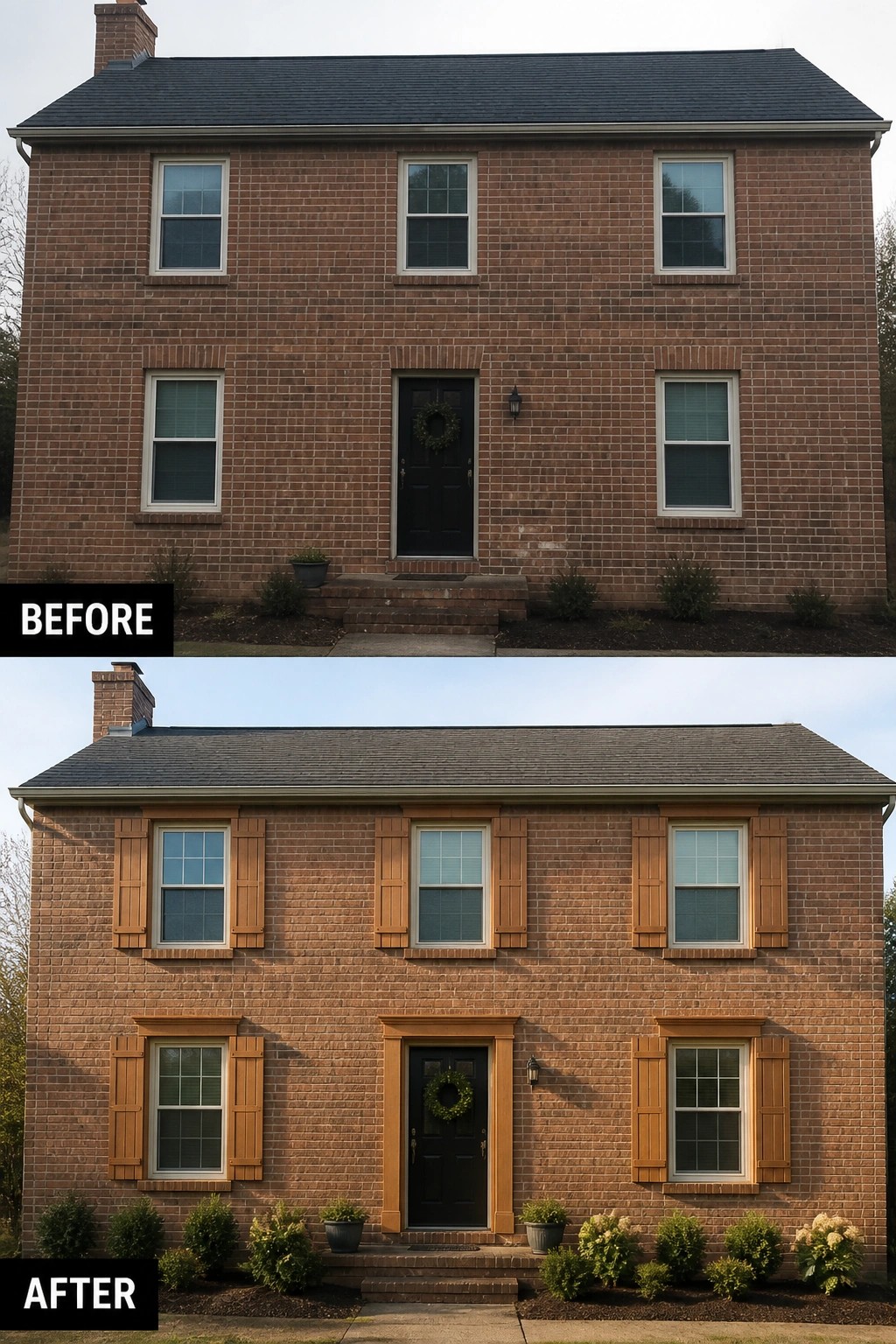 Before-and-after image of a brick house showing added wooden shutters and updated trim around the windows and front door.