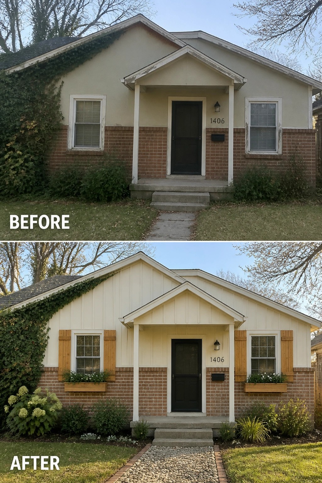 Before and after views of a house with new shutters, flower boxes, and landscaping.