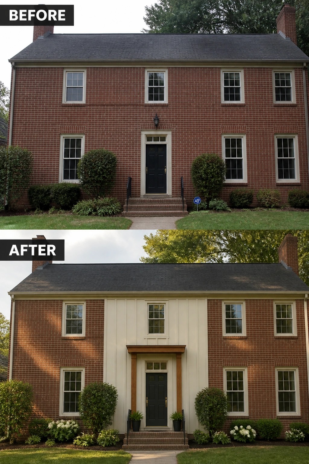 Before and after of red brick house with new white siding and entrance.