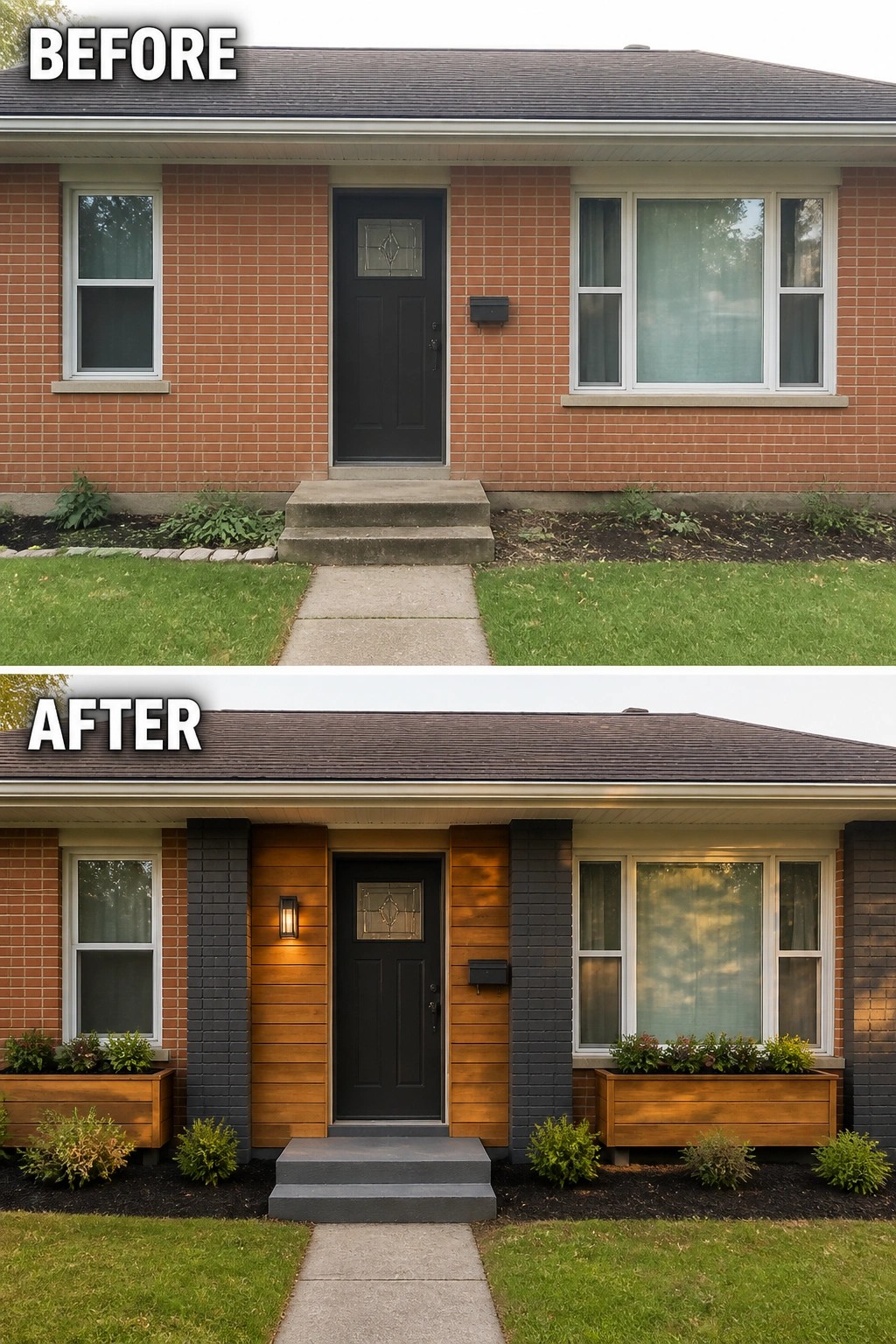 Before-and-after image of a brick house front entry updated with wood siding panels, dark pillars, wooden planters, and painted steps.