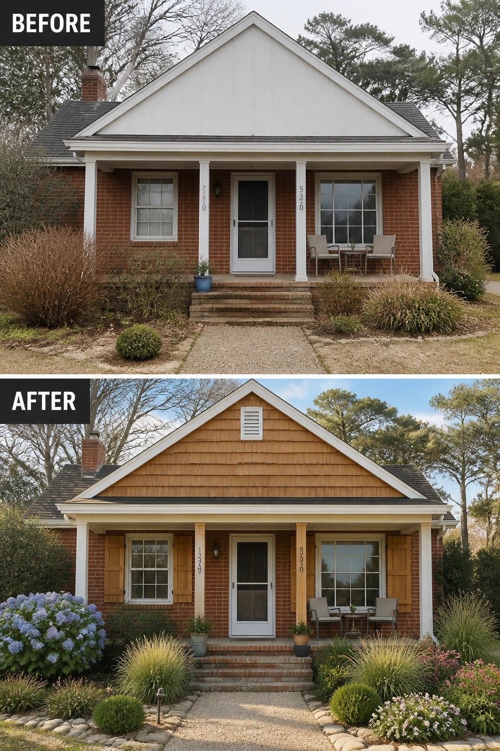 Before and after brick house renovation with new siding, shutters and landscaping.