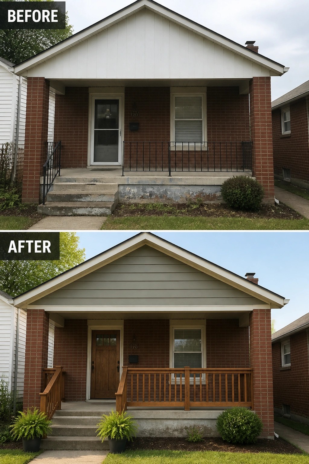 Before-and-after image of a brick house front porch updated with wood railings, a new wood door, gray siding, and added planters.