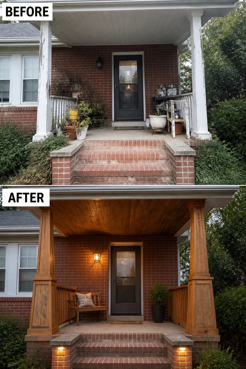 Before-and-after porch renovation: peeling white columns replaced by stained wood with lights and bench