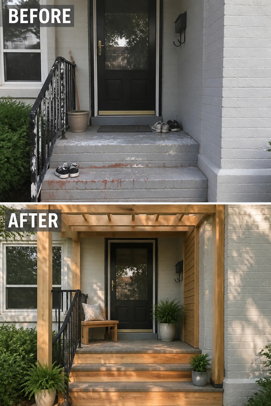 Before and after of front entrance with new wooden porch and steps
