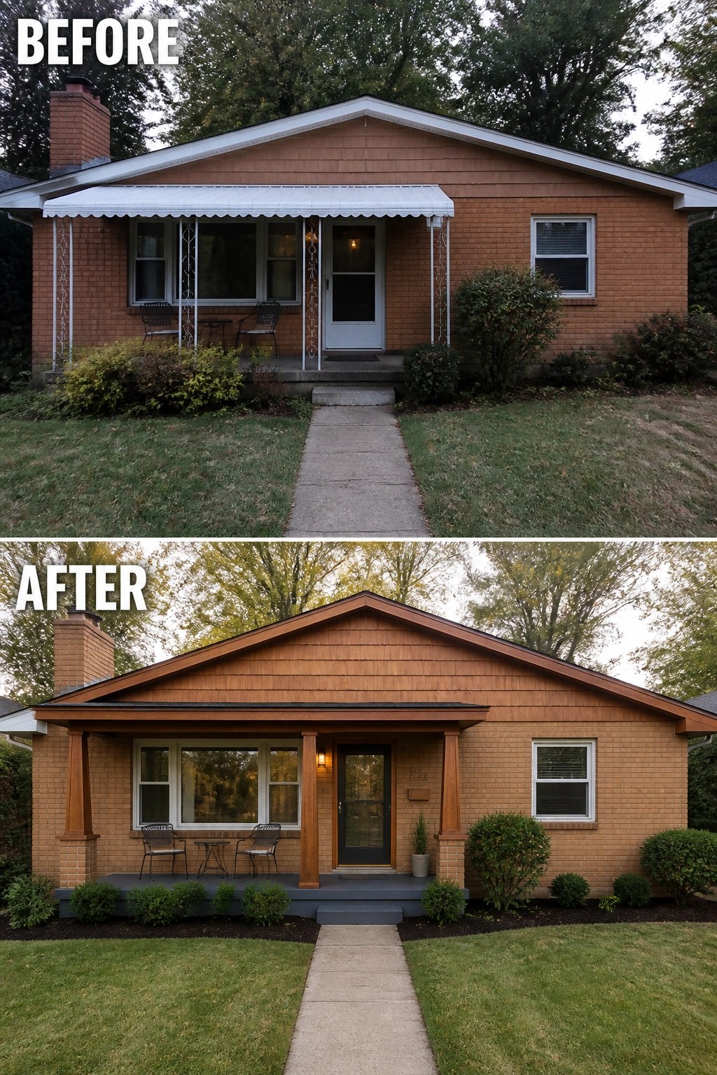 Before and after renovation of brick house with new porch and wood accents.