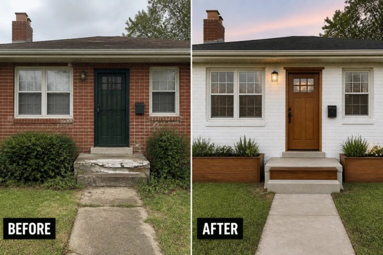 Before-and-after house exterior: red brick with green door transformed to white with wood accents.
