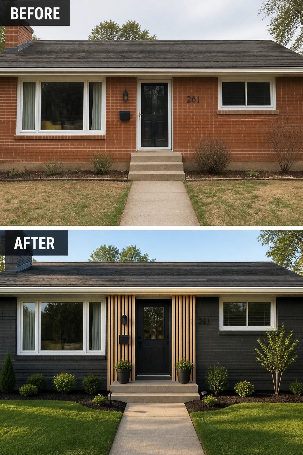 Before and after of red brick house repainted dark with wood accents and landscaping.