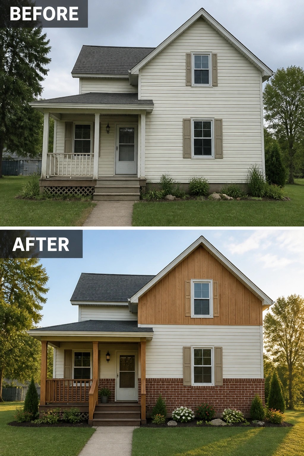 Before-and-after image of a house exterior updated with wood siding on the upper gable and brick along the lower walls.