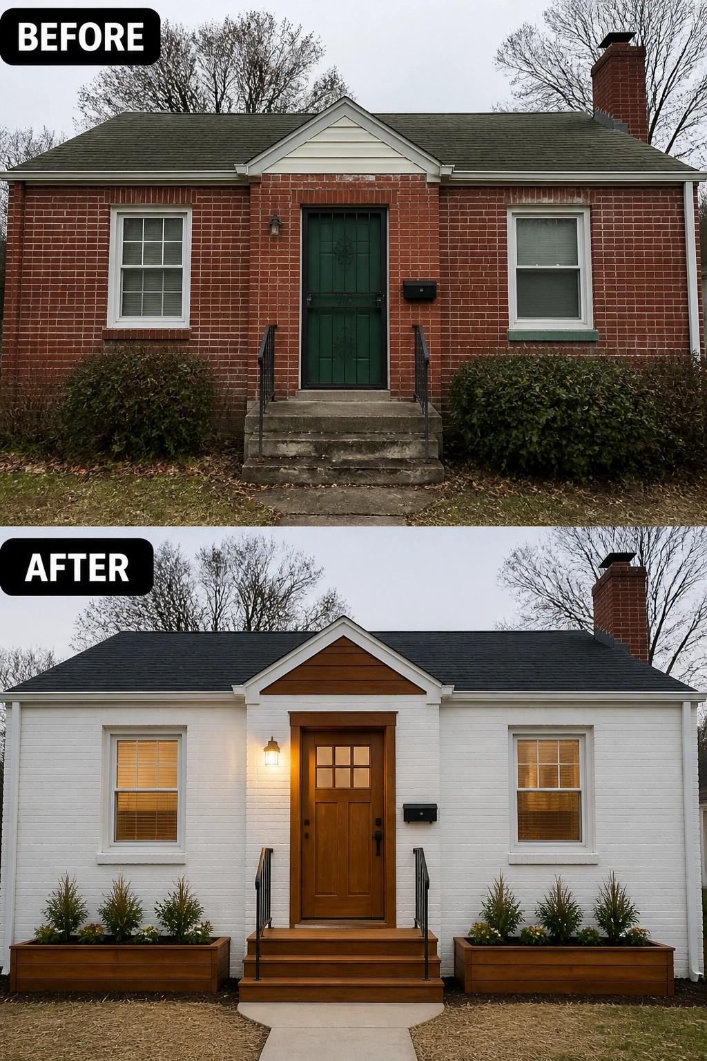 Before-and-after house exterior: red brick with green door transformed to white with wood accents.