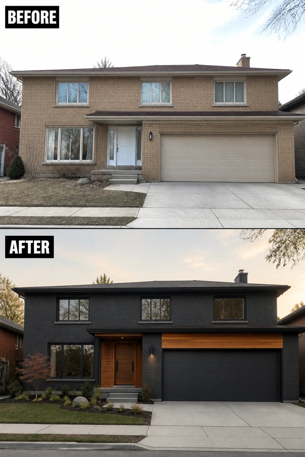 Before beige brick house and after dark modern exterior renovation