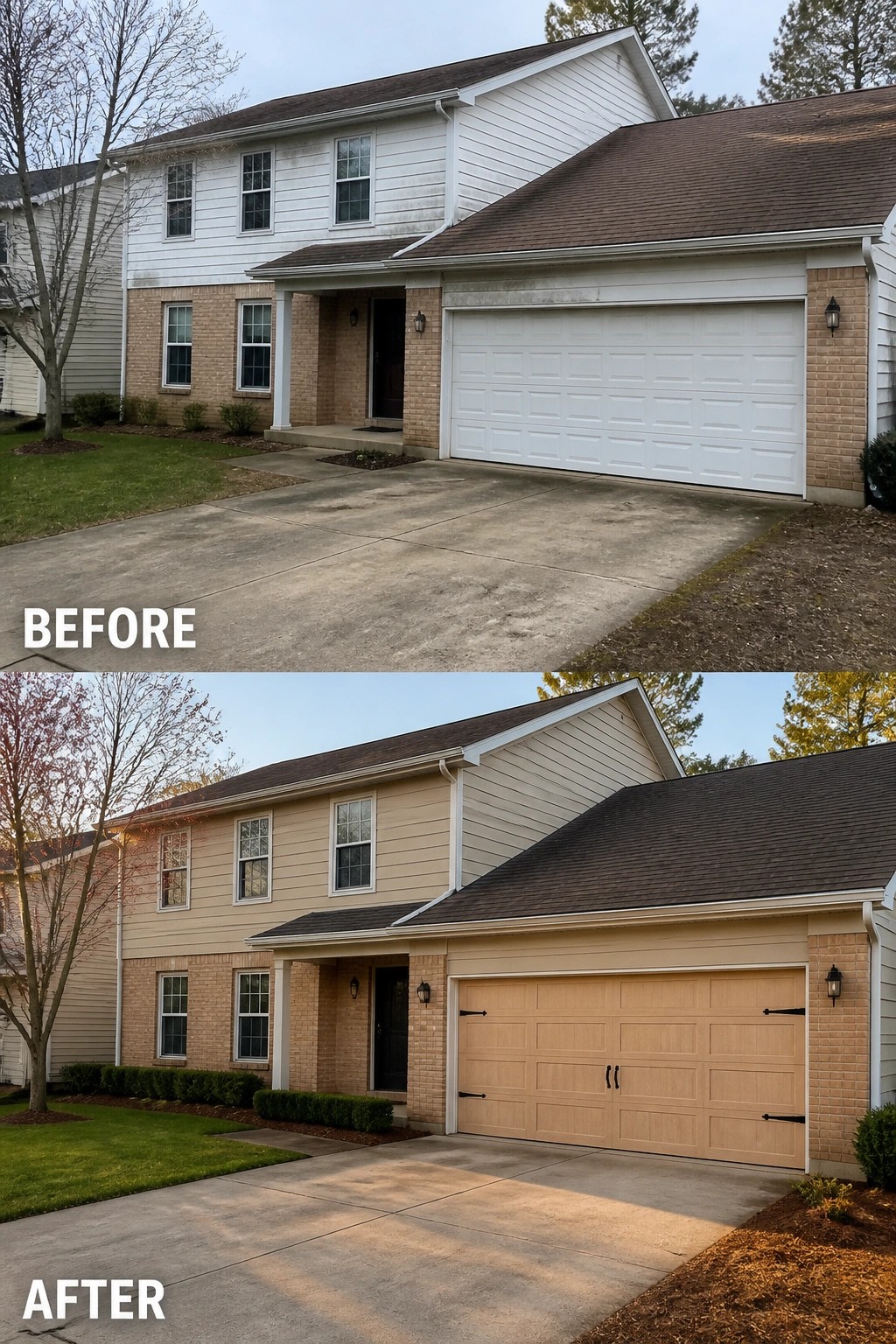 Before-and-after view of house with new beige siding and garage door